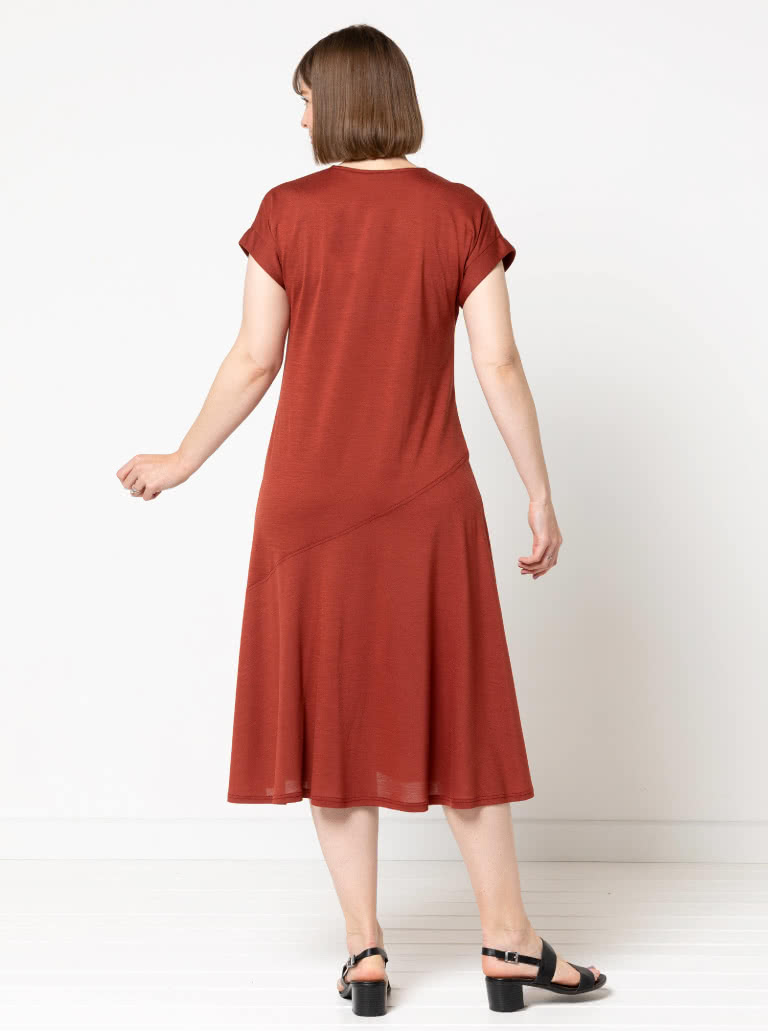 Doreen Knit Dress By Style Arc - "V" neck slip on dress with asymmetrical hip seam and extended shoulders.