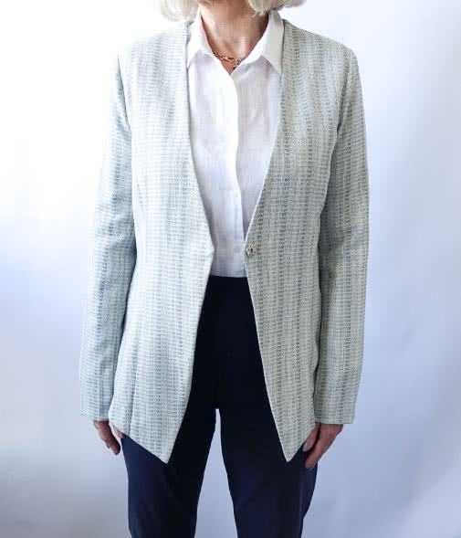 Dorothy Woven Jacket Sewing Pattern By Style Arc - Unlined fitted jacket with asymmetrical front hemline and two-piece sleeve.