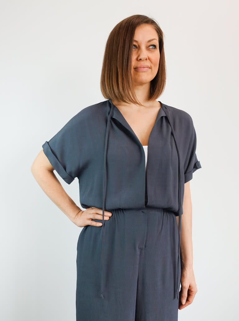 Eadie Woven Jumpsuit Dress By Style Arc - Combination jumpsuit and dress pattern featuring an extended shoulder line, front opening and elastic waist