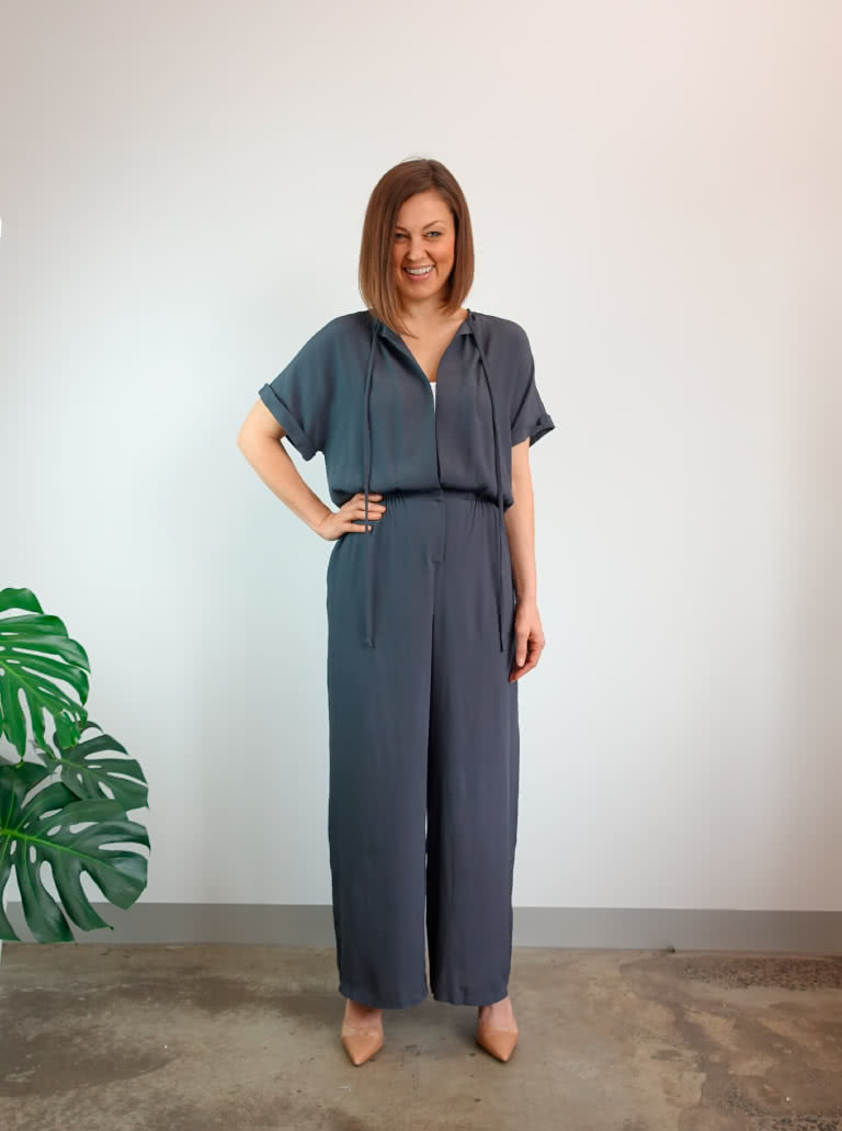 Eadie Woven Jumpsuit Dress By Style Arc - Combination jumpsuit and dress pattern featuring an extended shoulder line, front opening and elastic waist