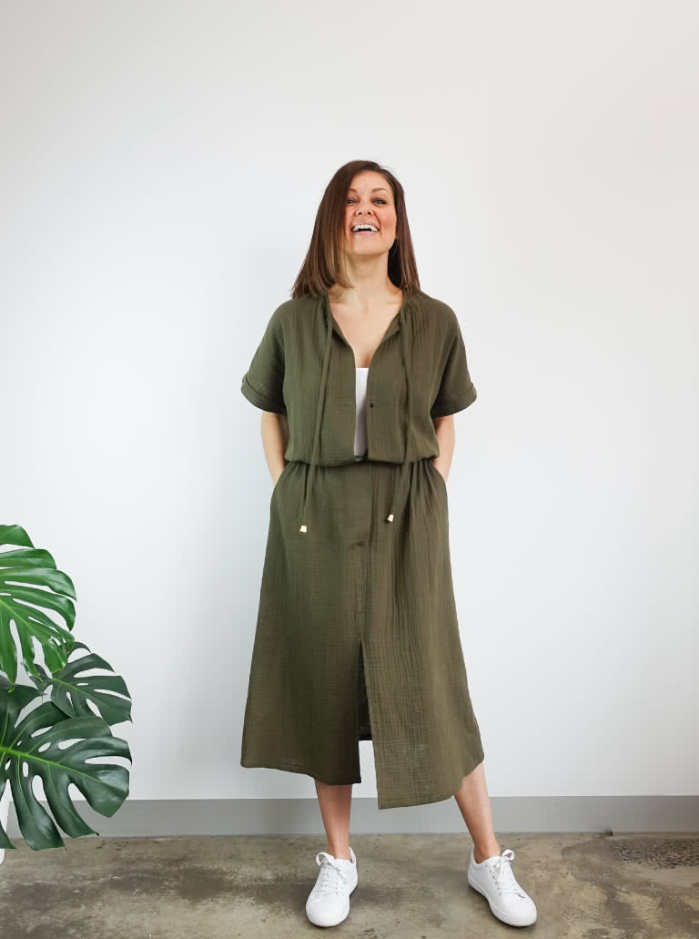 Eadie Woven Jumpsuit Dress By Style Arc - Combination jumpsuit and dress pattern featuring an extended shoulder line, front opening and elastic waist