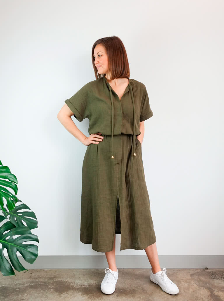 Eadie Woven Jumpsuit Dress By Style Arc - Combination jumpsuit and dress pattern featuring an extended shoulder line, front opening and elastic waist