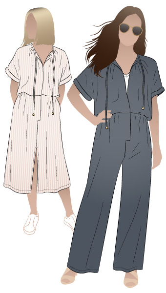 Eadie Woven Jumpsuit Dress By Style Arc - Combination jumpsuit and dress pattern featuring an extended shoulder line, front opening and elastic waist