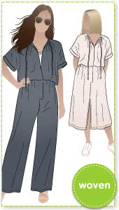 Eadie Woven Jumpsuit Dress By Style Arc - Combination jumpsuit and dress pattern featuring an extended shoulder line, front opening and elastic waist