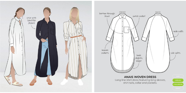 Graphic and line drawing of Anais woven dress