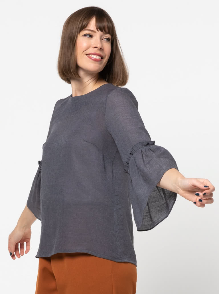 Effie Woven Top By Style Arc - Slightly shaped round neck top featuring a 3/4 length sleeve finished off with a wide frill.