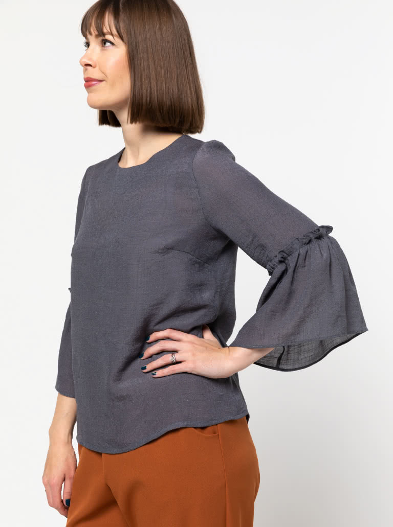 Effie Woven Top By Style Arc - Slightly shaped round neck top featuring a 3/4 length sleeve finished off with a wide frill.