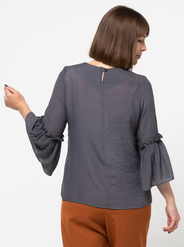 Effie Woven Top By Style Arc - Slightly shaped round neck top featuring a 3/4 length sleeve finished off with a wide frill.