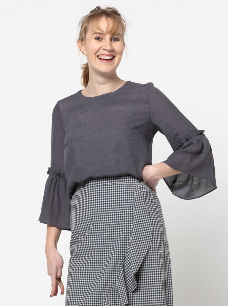 Effie Woven Top By Style Arc - Slightly shaped round neck top featuring a 3/4 length sleeve finished off with a wide frill.