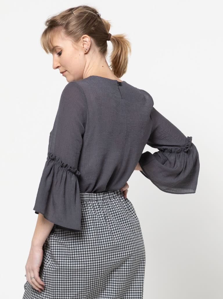 Effie Woven Top By Style Arc - Slightly shaped round neck top featuring a 3/4 length sleeve finished off with a wide frill.