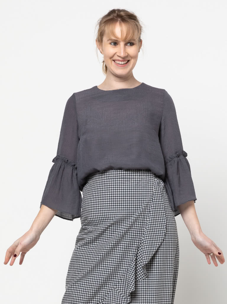 Effie Woven Top By Style Arc - Slightly shaped round neck top featuring a 3/4 length sleeve finished off with a wide frill.