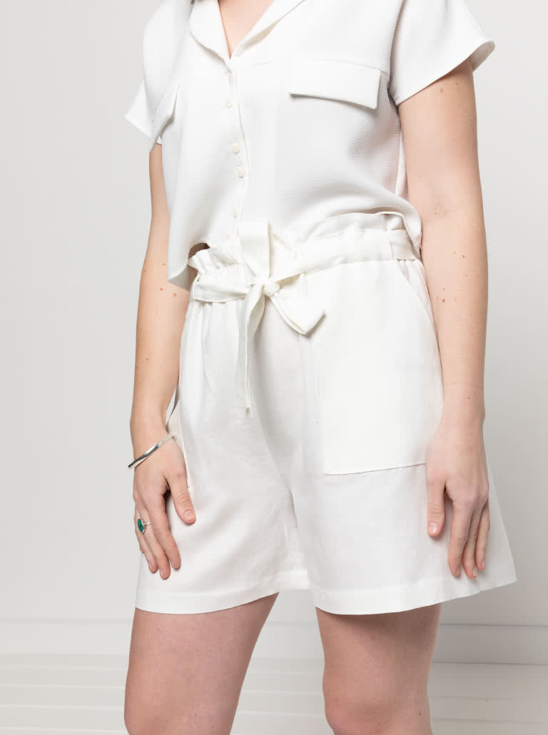 Ellen Woven Short By Style Arc - Paper bag short with elastic waist and patch pockets.
