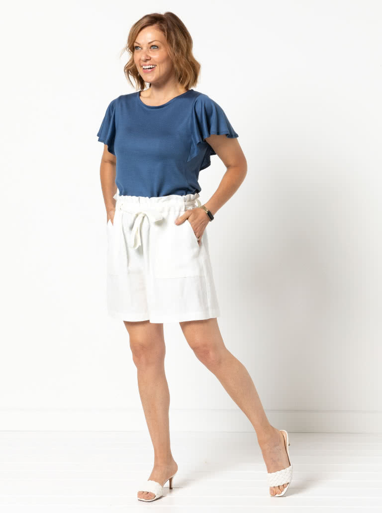 Ellen Woven Short By Style Arc - Paper bag short with elastic waist and patch pockets.