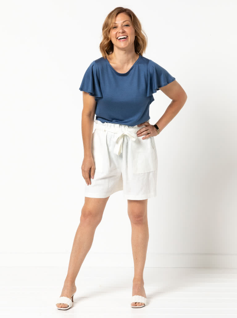 Ellen Woven Short By Style Arc - Paper bag short with elastic waist and patch pockets.