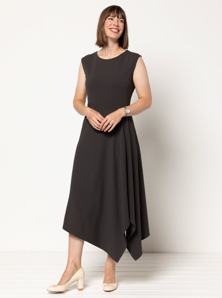 Elley Designer Knit Dress By Style Arc - Sleeveless slip on knit dress with an angled bodice and asymmetrical hem line.