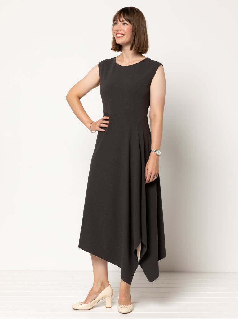 Elley Designer Knit Dress By Style Arc - Sleeveless slip on knit dress with an angled bodice and asymmetrical hem line.