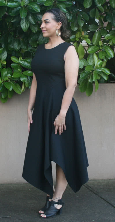 Elley Designer Knit Dress By Style Arc - Sleeveless slip on knit dress with an angled bodice and asymmetrical hem line.