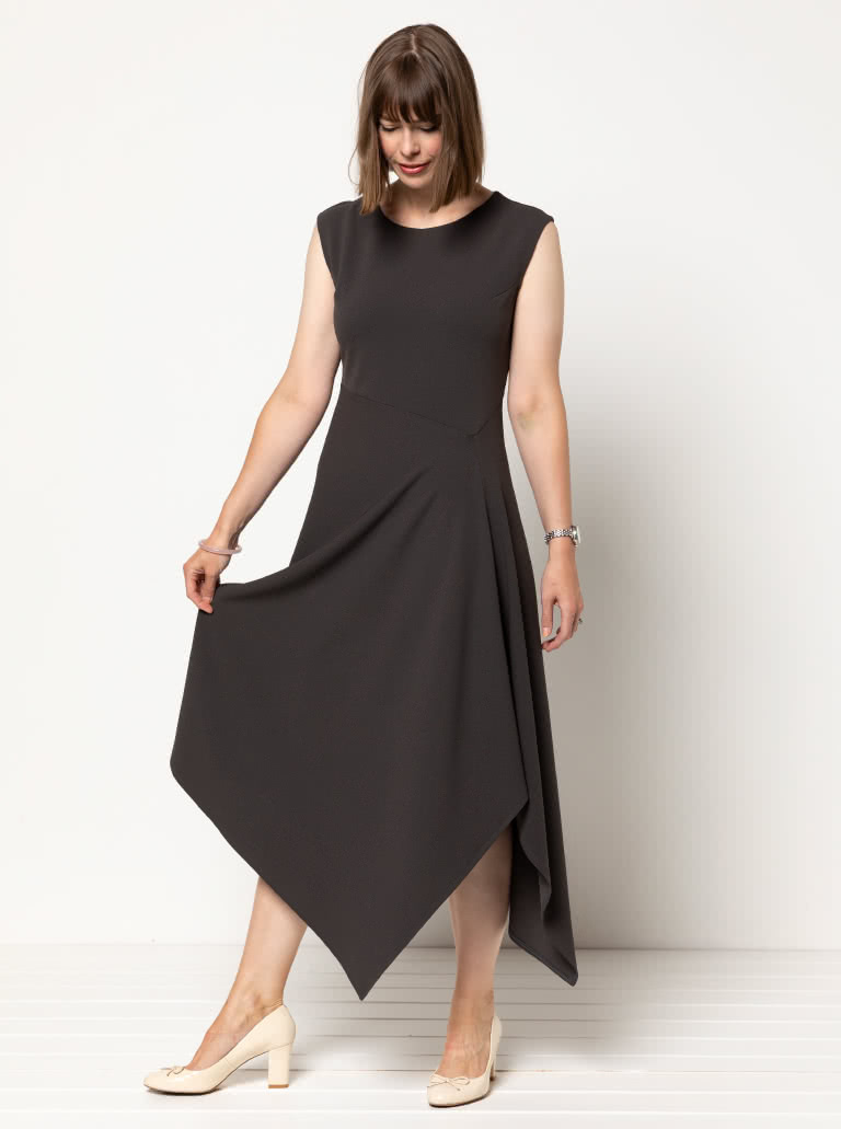 Elley Designer Knit Dress By Style Arc - Sleeveless slip on knit dress with an angled bodice and asymmetrical hem line.