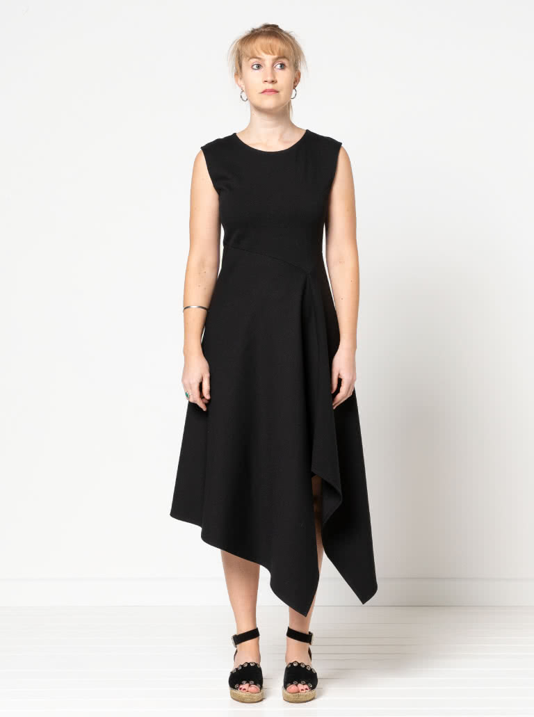 Elley Designer Knit Dress By Style Arc - Sleeveless slip on knit dress with an angled bodice and asymmetrical hem line.