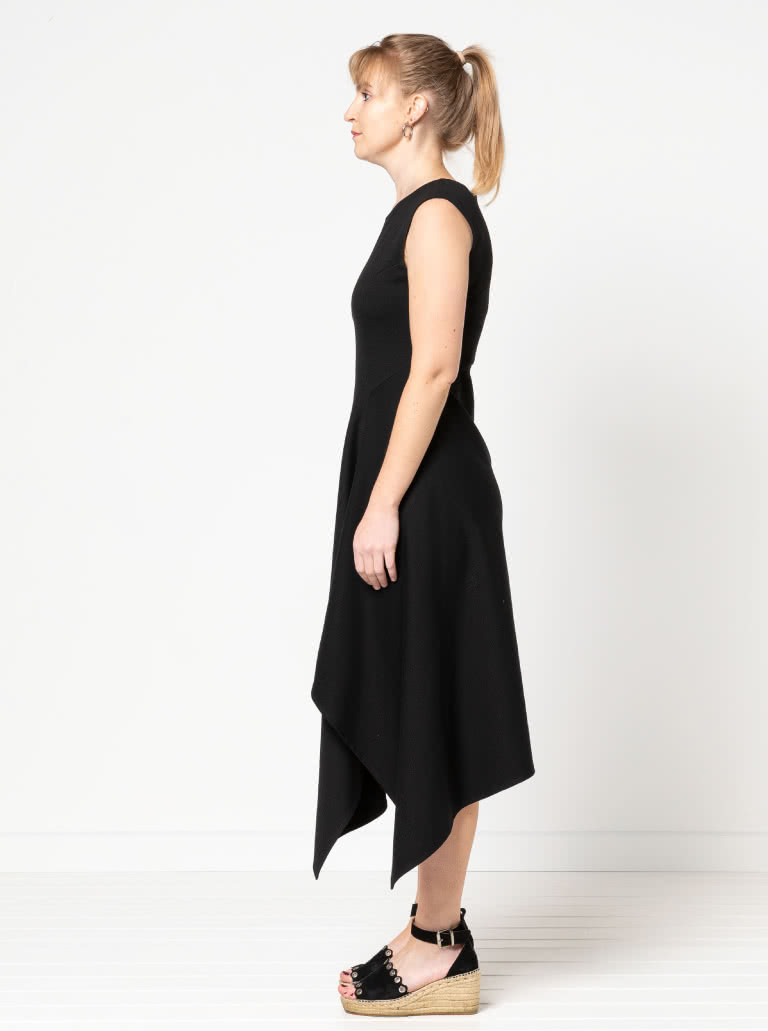 Elley Designer Knit Dress By Style Arc - Sleeveless slip on knit dress with an angled bodice and asymmetrical hem line.