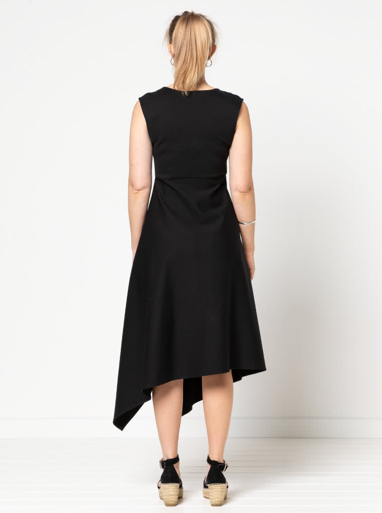 Elley Designer Knit Dress By Style Arc - Sleeveless slip on knit dress with an angled bodice and asymmetrical hem line.