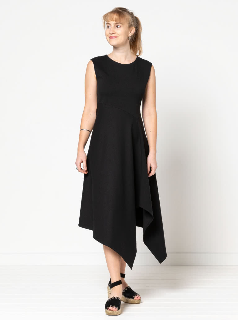 Elley Designer Knit Dress By Style Arc - Sleeveless slip on knit dress with an angled bodice and asymmetrical hem line.