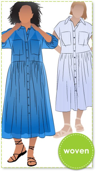 Emerald Woven Dress By Style Arc - Square shaped, waisted bodice with tucked skirt, button front and optional full sleeve.
