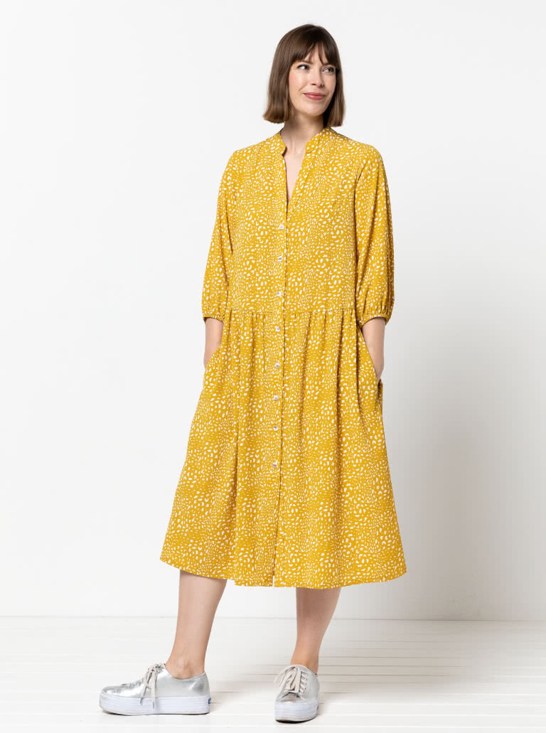 Emerson Woven Dress By Style Arc - Low waisted button through dress featuring a mandarin collar, sleeves & a gathered skirt