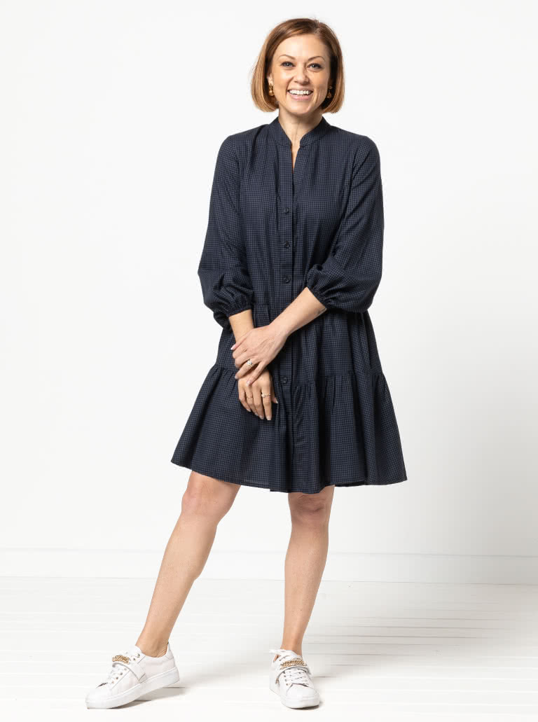 Emerson Woven Dress By Style Arc - Low waisted button through dress featuring a mandarin collar, sleeves & a gathered skirt