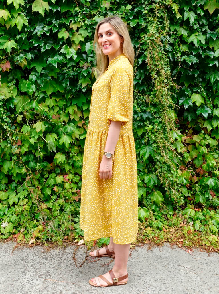 Emerson Woven Dress By Style Arc - Low waisted button through dress featuring a mandarin collar, sleeves & a gathered skirt