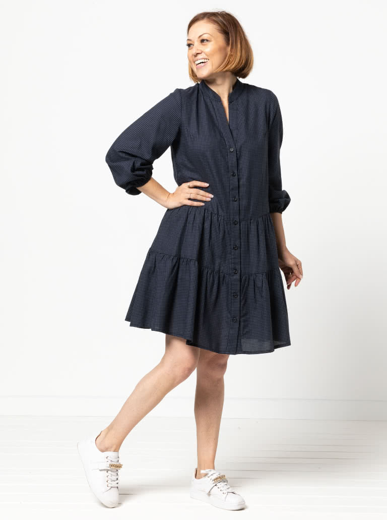 Emerson Woven Dress By Style Arc - Low waisted button through dress featuring a mandarin collar, sleeves & a gathered skirt