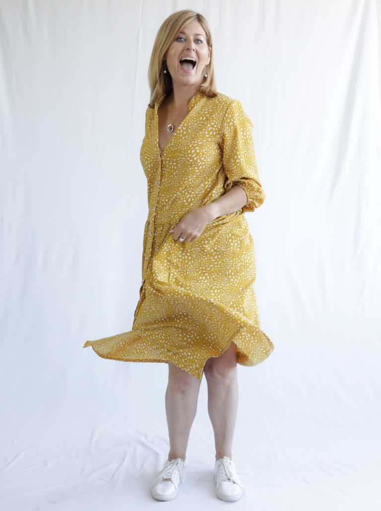 Emerson Woven Dress By Style Arc - Low waisted button through dress featuring a mandarin collar, sleeves & a gathered skirt