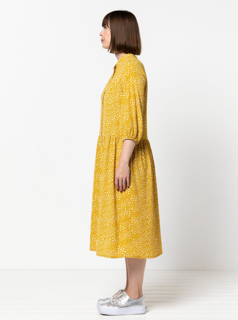 Emerson Woven Dress By Style Arc - Low waisted button through dress featuring a mandarin collar, sleeves & a gathered skirt