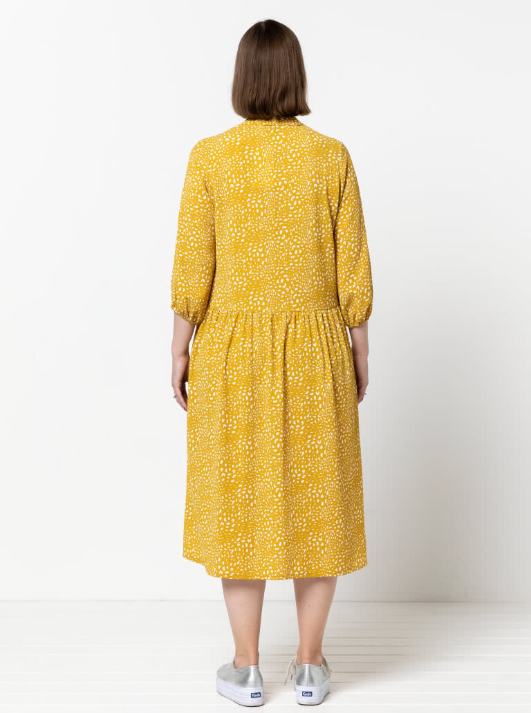 Emerson Woven Dress By Style Arc - Low waisted button through dress featuring a mandarin collar, sleeves & a gathered skirt