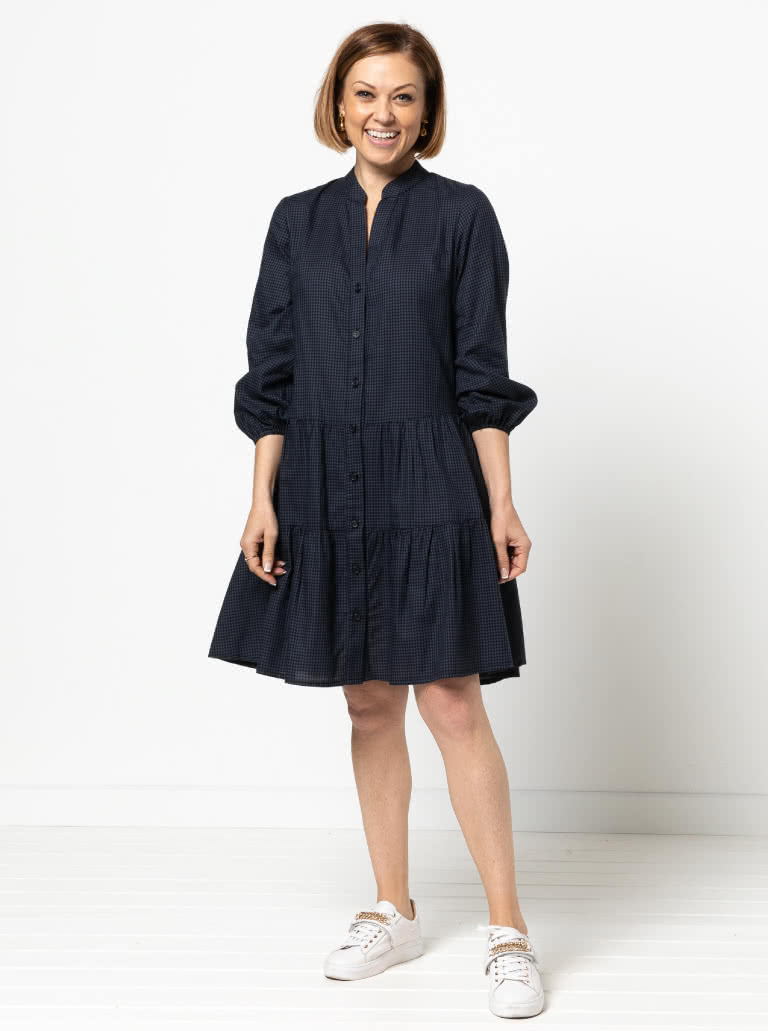 Emerson Woven Dress By Style Arc - Low waisted button through dress featuring a mandarin collar, sleeves & a gathered skirt