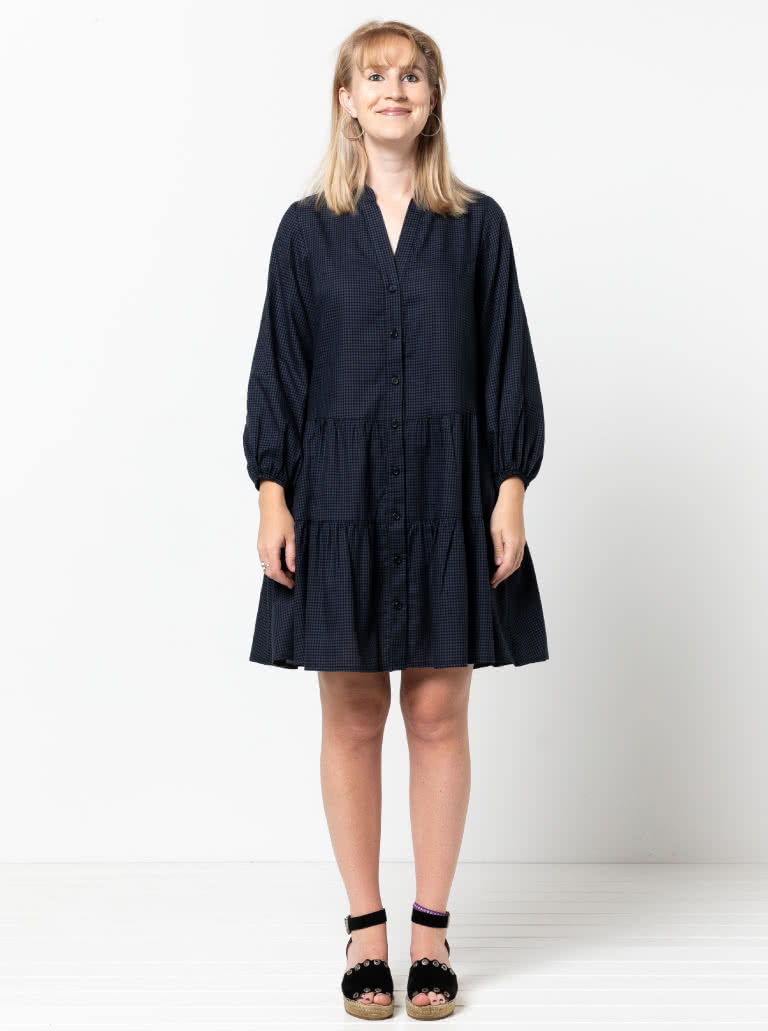 Emerson Woven Dress By Style Arc - Low waisted button through dress featuring a mandarin collar, sleeves & a gathered skirt