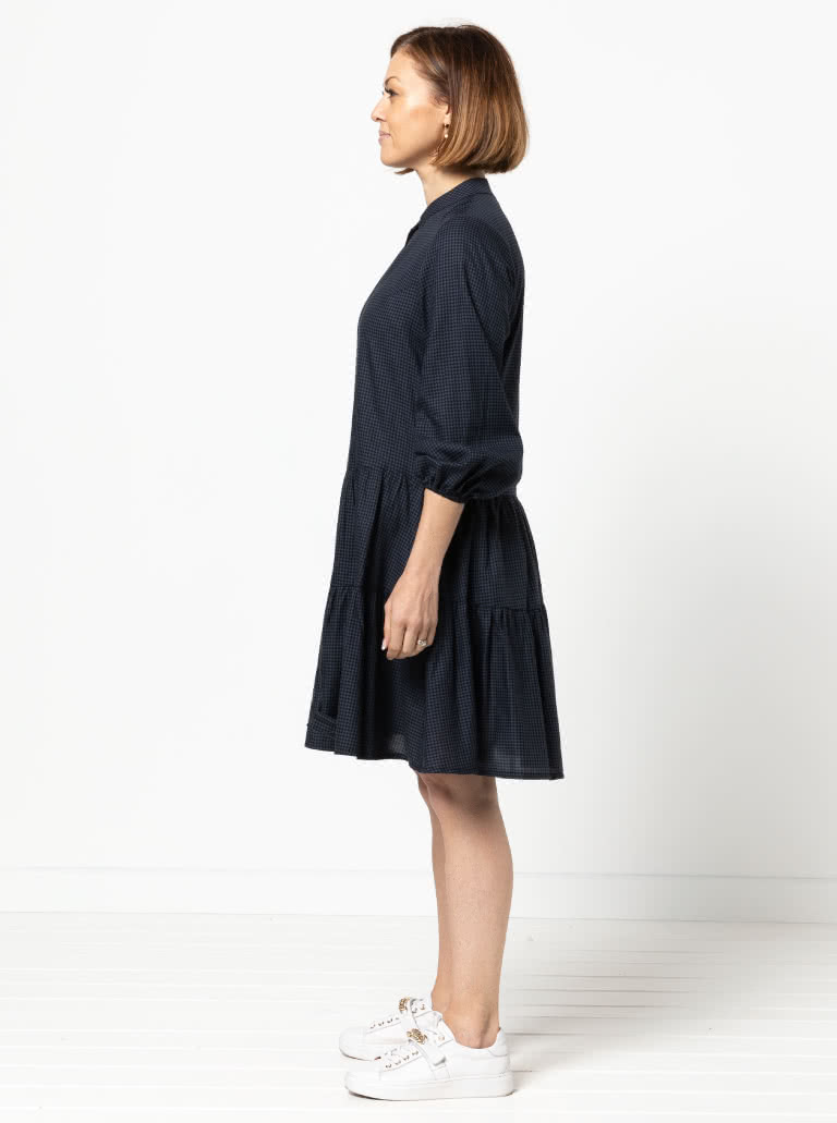 Emerson Woven Dress By Style Arc - Low waisted button through dress featuring a mandarin collar, sleeves & a gathered skirt