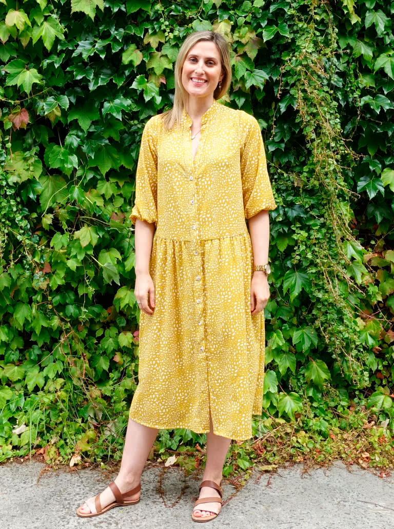 Emerson Woven Dress By Style Arc - Low waisted button through dress featuring a mandarin collar, sleeves & a gathered skirt