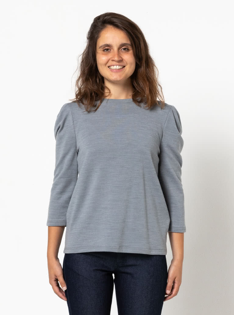 Emery Knit Top Sewing Pattern By Style Arc - Trans-seasonal knit top featuring a crew neck and a ¾ length tucked sleeve.