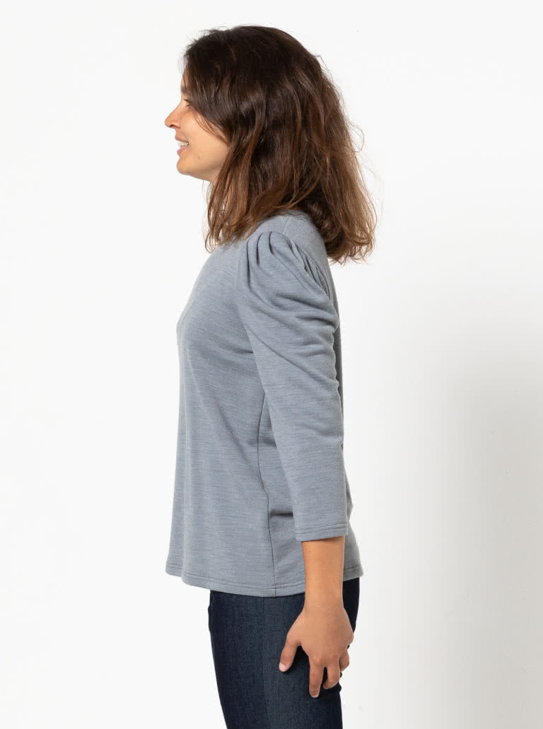 Emery Knit Top Sewing Pattern By Style Arc - Trans-seasonal knit top featuring a crew neck and a ¾ length tucked sleeve.