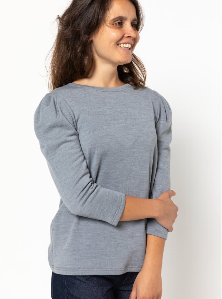 Emery Knit Top Sewing Pattern By Style Arc - Trans-seasonal knit top featuring a crew neck and a ¾ length tucked sleeve.