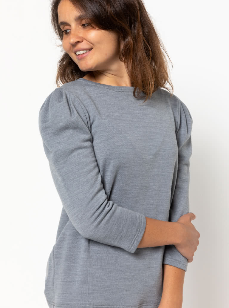 Emery Knit Top Sewing Pattern By Style Arc - Trans-seasonal knit top featuring a crew neck and a ¾ length tucked sleeve.