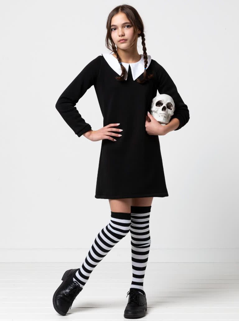 Emma Kids Knit Dress By Style Arc - "A" line knit dress with long sleeves and an option of a neck band, in seam pockets or 2 collars, for kids 2-14