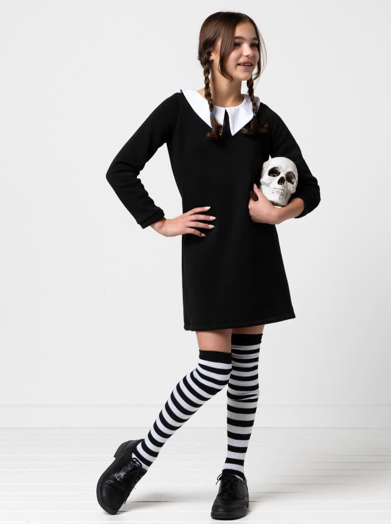 Emma Kids Knit Dress By Style Arc - "A" line knit dress with long sleeves and an option of a neck band, in seam pockets or 2 collars, for kids 2-14