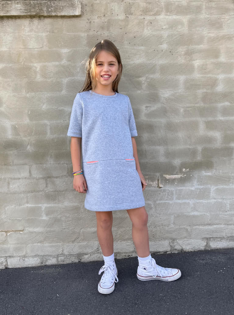 Emma Kids Knit Dress By Style Arc - "A" line shift dress with sleeves, crew neck and hip pockets, for kids 2-8