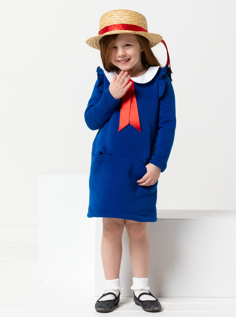 Emma Kids Knit Dress By Style Arc - "A" line knit dress with long sleeves and an option of a neck band, in seam pockets or 2 collars, for kids 2-14