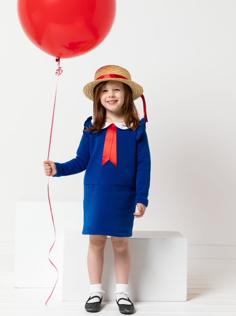 Emma Kids Knit Dress By Style Arc - "A" line knit dress with long sleeves and an option of a neck band, in seam pockets or 2 collars, for kids 2-14