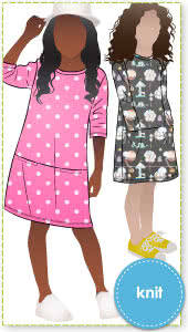 Emma Kids Knit Dress By Style Arc - "A" line shift dress with sleeves, crew neck and hip pockets, for kids 2-8