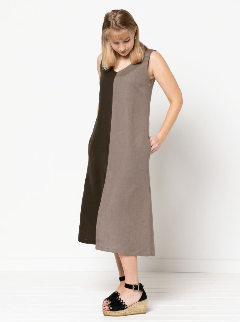 Esther Woven Dress By Style Arc - Slight "A" line calf length slip on dress featuring front and back "V" necks, and a centre front split.