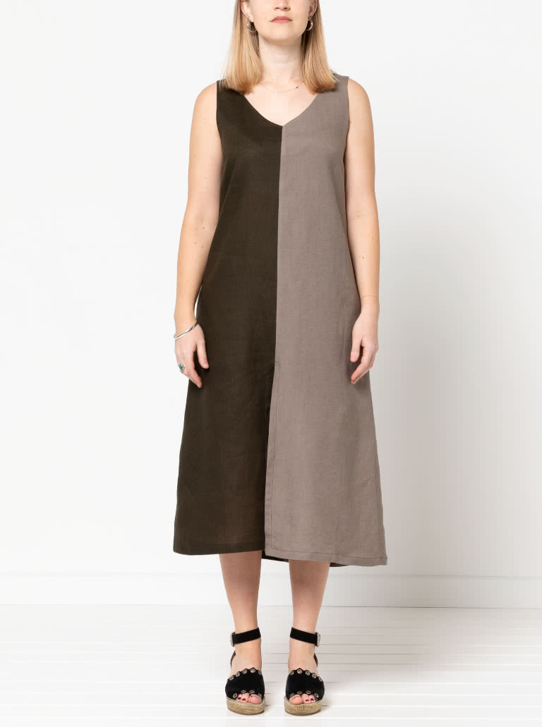 Esther Woven Dress By Style Arc - Slight "A" line calf length slip on dress featuring front and back "V" necks, and a centre front split.